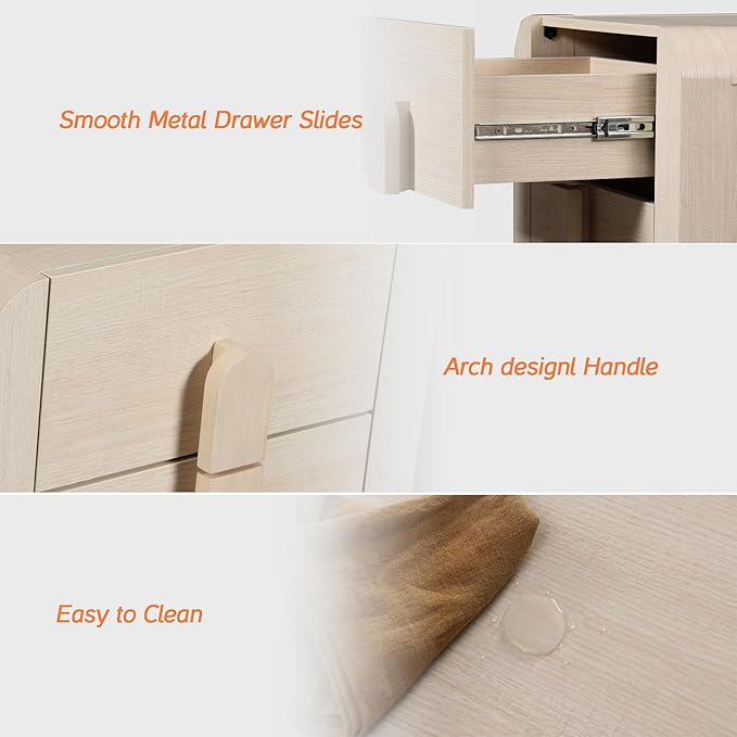 WAMPAT 23.7" Tall Modern Nightstand with Charging Station,Wood Bedside Table w/2 Storage Drawers,Curved Profile Design,Sofa Side Table End Table for Bedroom, Living Room, Beige