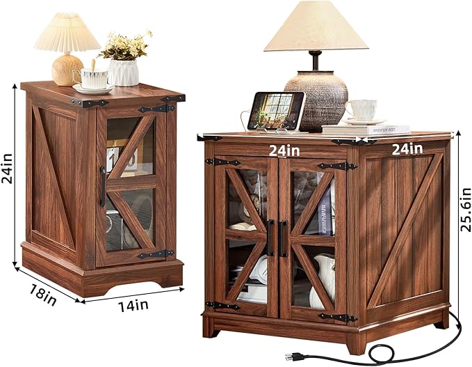 Farmhouse End Table Set 2, Narrow 18'' Night Stand with Glass Barn Door, 24" Square Side Table with Charger Station, Living Room Furniture Sets, Wood Nightstand Bedside Tables for Bedroom
