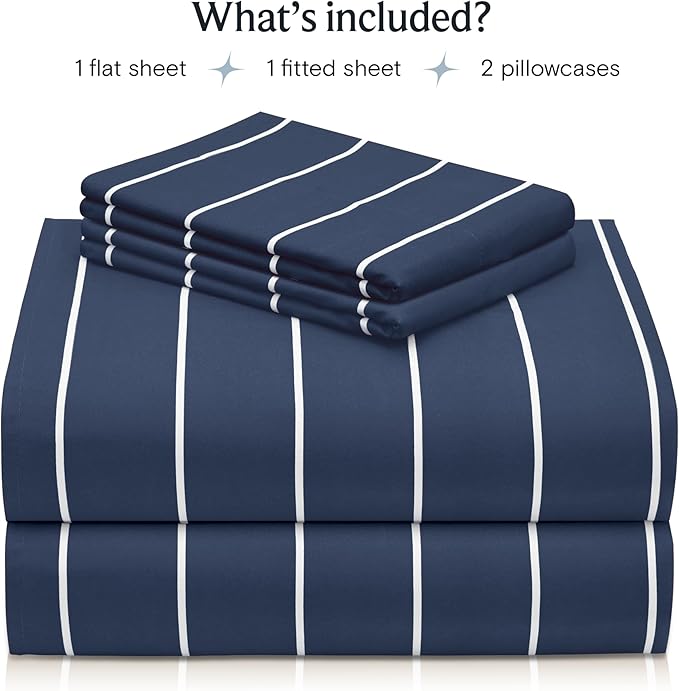 LuxClub 4 PC King Sheet Set, Deep Pockets Wrinkle Free Cooling Bed Sheets Hotel Bedding for Women, Men, Includes 1 Fitted Sheet, 1 Flat Sheet and 2 Pillowcases-Striped - Navy
