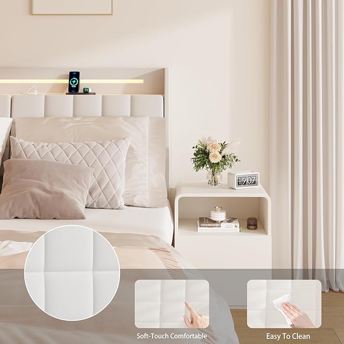 Full Size Floating Bed Frame with LED Lights & Charging Station, Upholstered Platform Bed with Hidden Storage Headboard & Shelves, Space-Saving Modern Bed for Bedroom & Apartment, Beige
