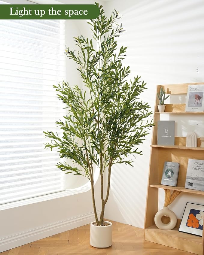 Olive Tree 7FT Fake Tree Faux Plants Indoor with Pot Artificial Tree Nearly Natural Olive Branches and Fruits for Living Room Home Office Decorations