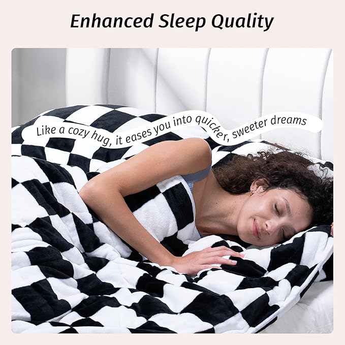 Wemore Flannel Fleece Weighted Blanket for Adult Queen Size 20 lbs, Dual Sided Luxurious Checkerboard Grid Heavy Blankets, Ultra Soft Throw Blanket, Plaid Black, 60 x 80 inches