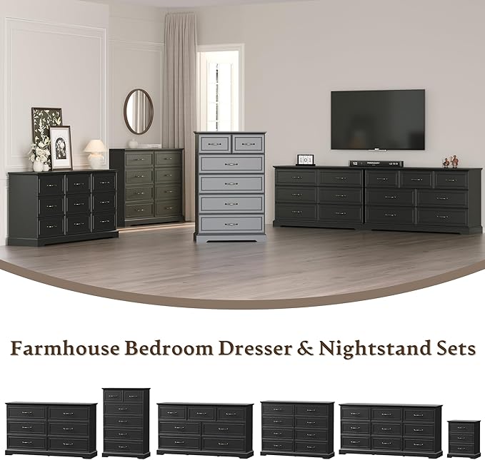 Farmhouse 8 Drawers Dresser for Bedroom, 54" Wide Modern Chest of Drawers with Deep Drawers & Bar Handles, Rustic Wood Dresser TV Stand, Wooden Closet Storage Organizer for Living Room, Hallway, Black