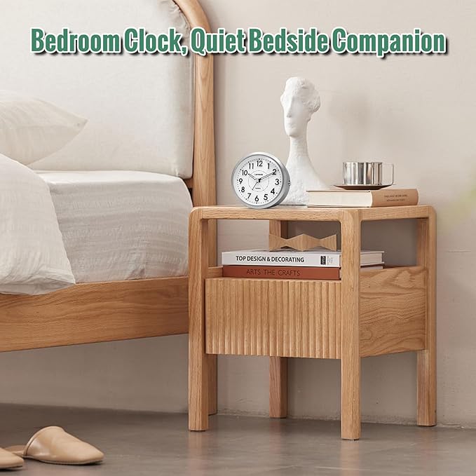 4 Inch Analog Battery Travel Alarm Clocks for Bedrooms, Small Desk Clock, Alarm Clocks for Bedrooms Bathroom Kithchen Home Office, Old School Bedside Table Nightstand Clock Decor, Silver