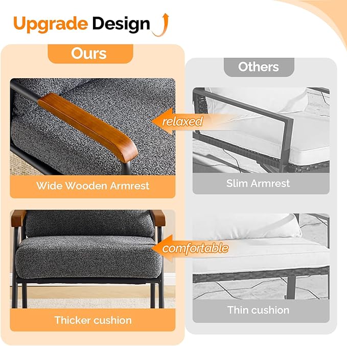 VINGLI Mid-Century Modern Accent Armchiar for Small Space, Small Comfy Upholstered Leisure Reading Chair with Wood Armrest for Bedroom, Living Room, Waiting Room, Linen Grey