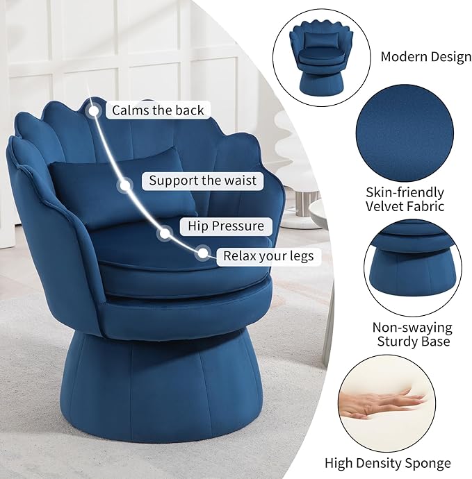 360° Swivel Accent Chair, Mid-Century Modern Velvet Barrel Chair, Comfy Shell Shape Arm Chair with Lumbar Pillow for Living Room, Bedroom, Office, Dark Blue