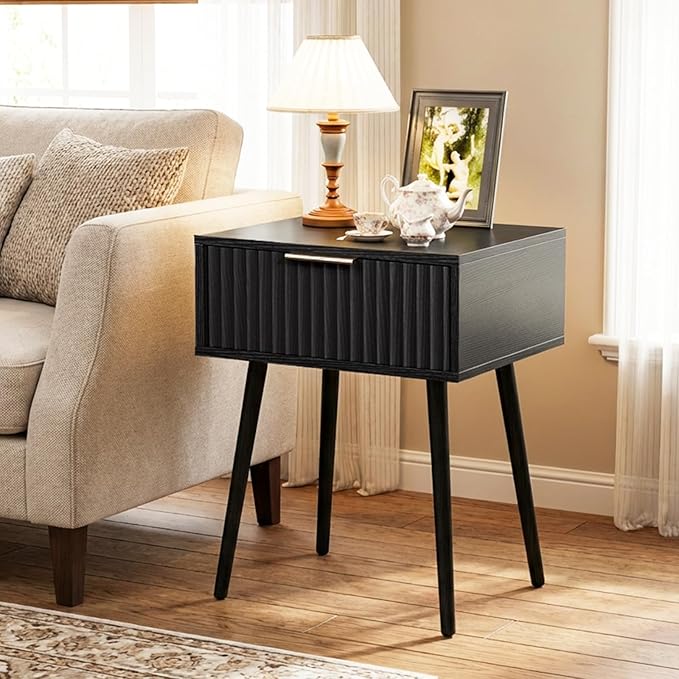 VINGLI Fluted Nightstand with Drawer, 19" W Mid Century Modern Nightstand for Bedroom, Bedside Table, End Tables Bedroom, Wood Night Stand, Black, 18.9" W*14.96" D*24" H