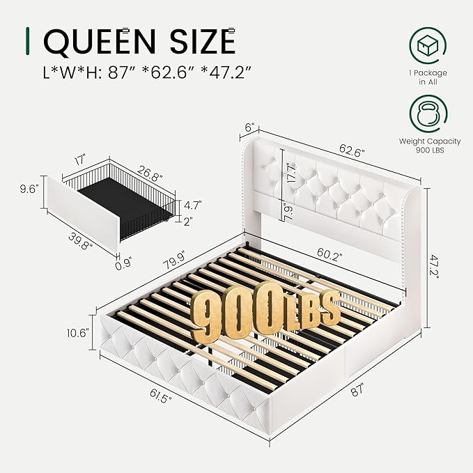 LARMACE Queen Size Bed Frame with 4 Storage Drawers and Wingback Headboard Velvet Upholstered Platform Bed Frame Tufted Beds with Wooden Slats Support, Easy Assembly, White