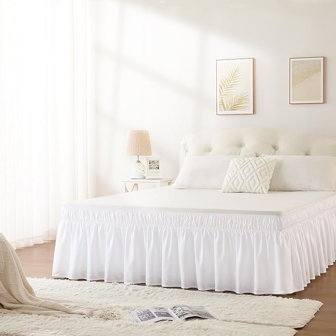 RIMELA Bed Skirting Queen Size White Bed Skirt 21 Inch Drop, Wrap Around Elastic Adjustable Bedskirt, Dust Ruffle for Bed Frame & Box Spring Soft Durable Fabric Machine Washable Easy to Install