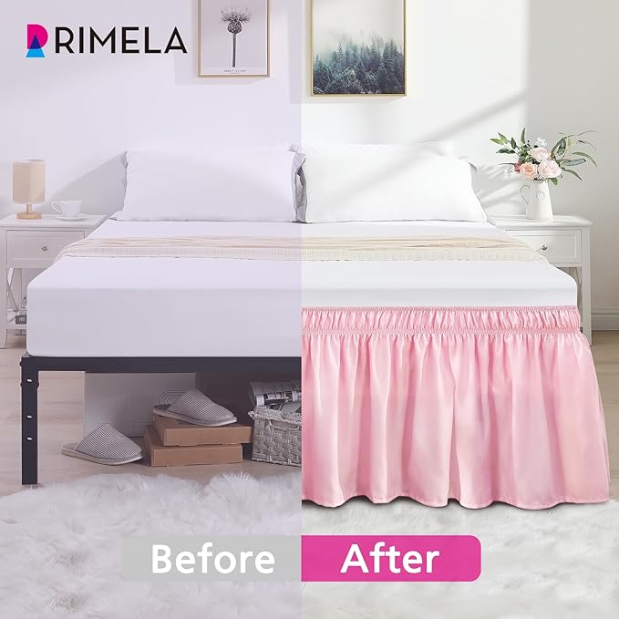 RIMELA Dusty Pink Bed Skirt Queen Size 18 Inch Drop, Wrap Around Elastic Bedskirt, Dust Ruffle for Adjustable Bed Base Machine Washable Easy to Install Bed Skirts