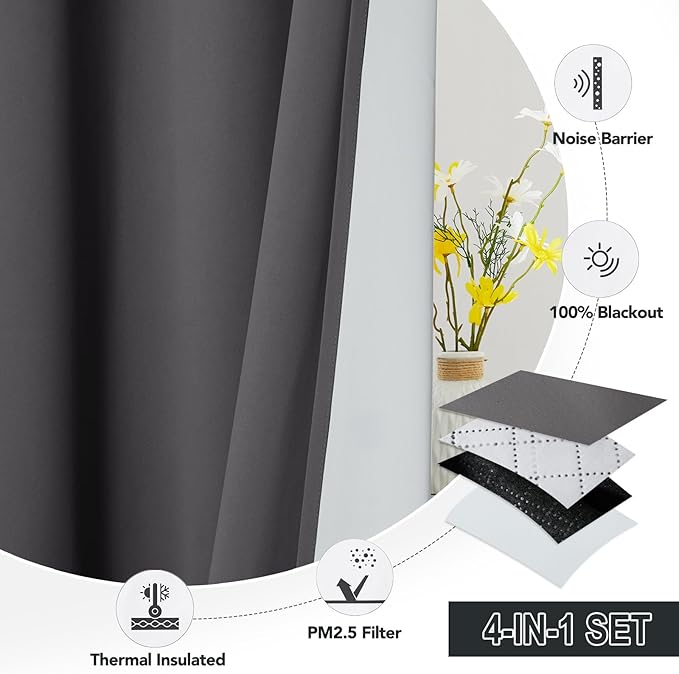 RYB HOME Dustproof Curtains for Large Window, Soundproof Thermal Insulated Blackout Curtains for Sliding Glass Door Furance Office Dorm Bedroom Living Room, Grey, W62 x L95 inch, 2 Panels