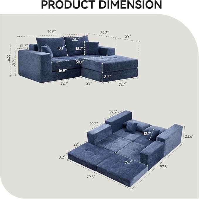 Boneless Sectional Loveseat Couch with Ottoman, Convertible Tufted Button Modular Floor Sleeper Sofa Bed, Comfy Foldable Compression Love Seat Sofa for Living Room, No Assembly, Blue