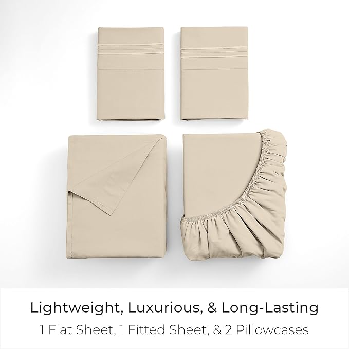 Mellanni Twin XL Sheet Set - 4-Piece Iconic Collection Bedding, (Including 2 Pillowcases), 16-Inch Deep Pocket, Easy Care, Extra Soft, Cooling Sheets, Brushed Microfiber - Beige