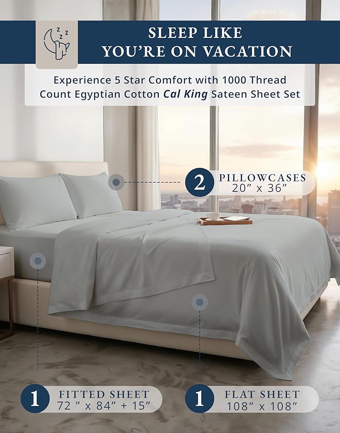 LANE LINEN 100% Egyptian Cotton Bed Sheets California King - 1000 Thread Count, Soft & Comfy Luxury Hotel Like Thick Bedding Sheets & Pillowcase Set, Machine Wash 15" Deep Pocket Sheet Set - Silver