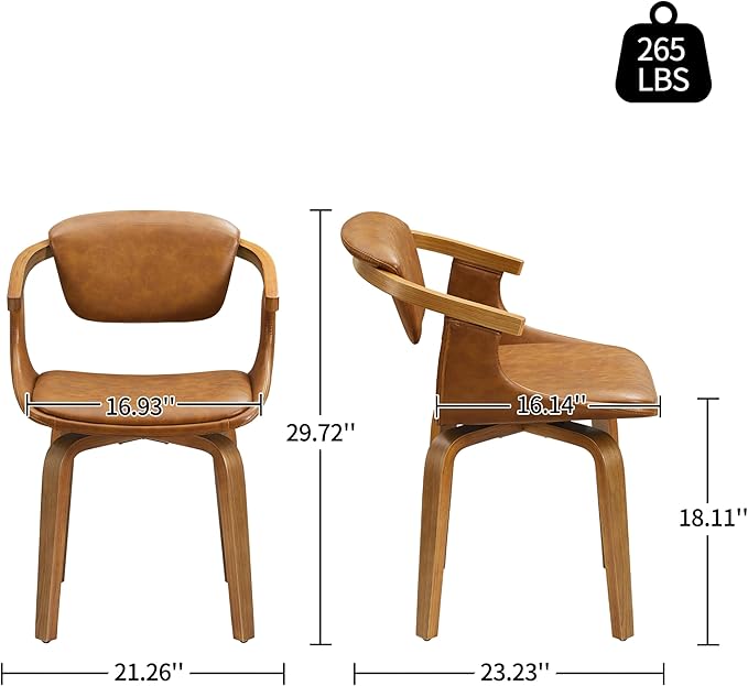 Art Leon Swivel Dining Chairs Set of 2 - Mid Century Modern Kitchen Dining Room Chairs, Faux Leather Chair No Wheels, Retro Brown