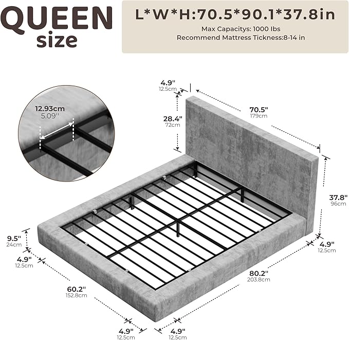 RECCI Cloud Upholstered Queen Bed Frame with Headboard, 5 Inch Foam Padded Platform, No Box Spring, Easy Assembly (Moon Grey)