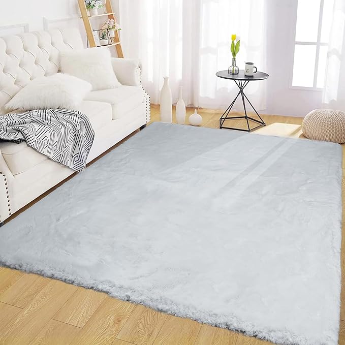 Latepis Grey Fluffy 4x6 Gray Rugs for Bedroom Faux Rabbit Fur Rug Washable Rugs Shag Rug for Living Room, Dorm, Playing Room, Nursery Room