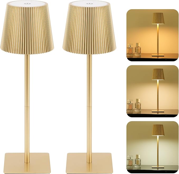 LUTEC 4 Pack Cordless Table Lamp,6000mAh Rechargeable Battery Operated Desk Lamp,Two Adjustable Heights,Waterproof, Touch Control & 3 Color Stepless Dimming for Restaurant/Bedroom/Bars/Outdoor (Gold)