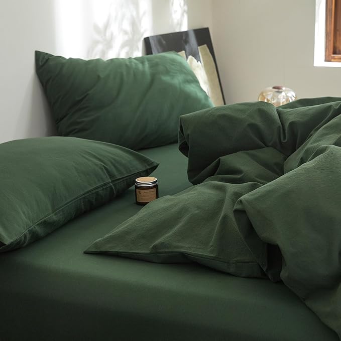 FOSSA Duvet Cover Set 100% Washed Cotton Linen Feel Super Soft Breathable Cozy 3 Pieces Bedding Sets Solid Forest Green Super King Plus