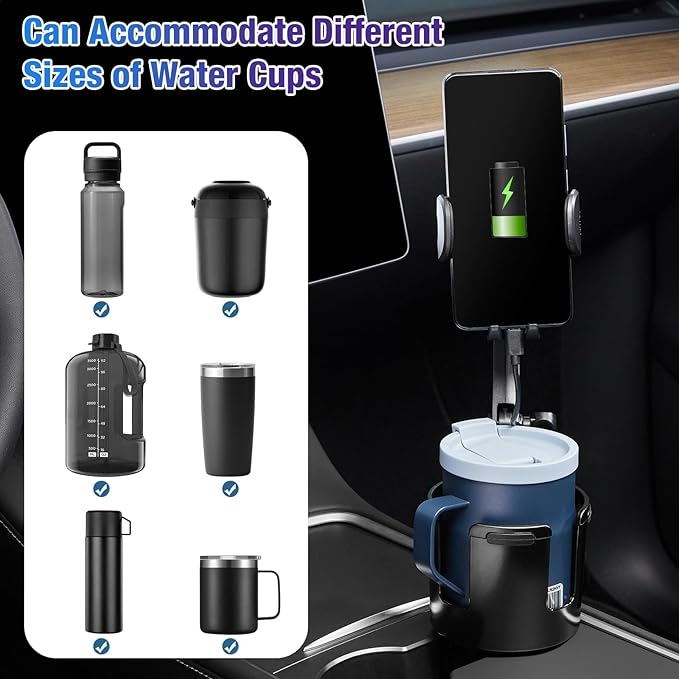 This Hill Cup Holder Phone Charger, 15W Fast Charging Auto Clamping, Phone Holder for Cup Holder Charger with Adjustable Base & 360° Rotation Compatible for All Smartphones(with Car Adapter)