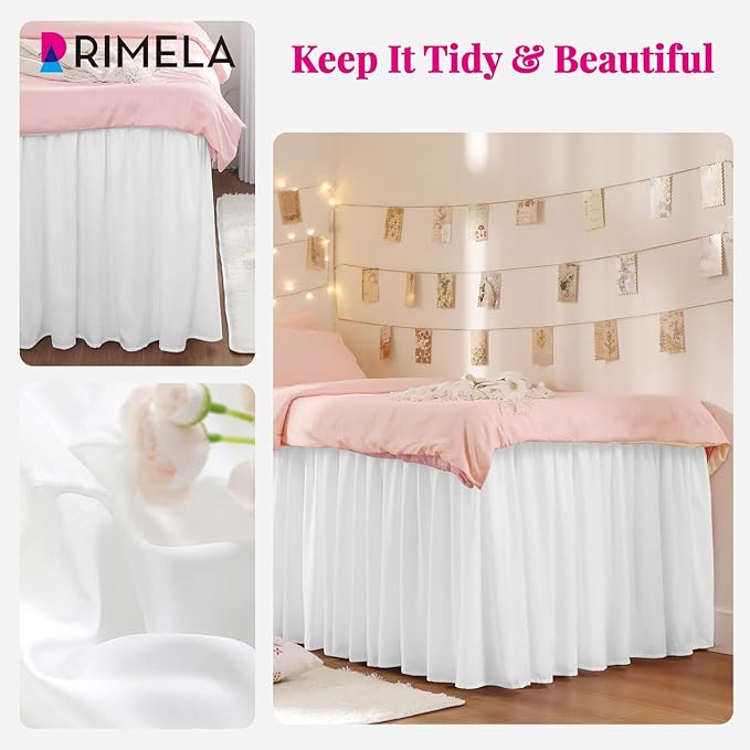 RIMELA Dorm Bed Skirt Twin XL 42 Inch Drop, Easy to Install Extra Long Wrap Around Elastic Dust Ruffle, White Bedskirt Solid Silky Fabric Machine Washable (Twin XL 80“L x 39”W & Twin 75“L x 39”W)