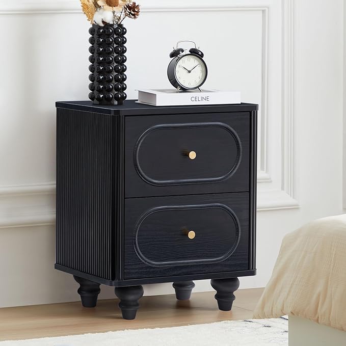 2 Drawer Fluted Mini Small Dresser for Bedroom Set of 2, Mid Century Modern Nightstand Bedside End Table, Wood Storage Dresser Organizer for Bedroom Living Room, Black