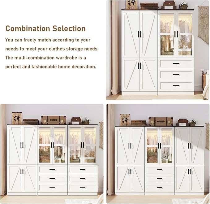 75" Tall Farmhouse 2 Doors Armoire Wardrobe Closet with LED,Freestanding Closet Wardrobe Cabinet for Bedroom with Hanging Rod,Wooden Armoire Storage Cabinet Adjustable(Rustic Off White)