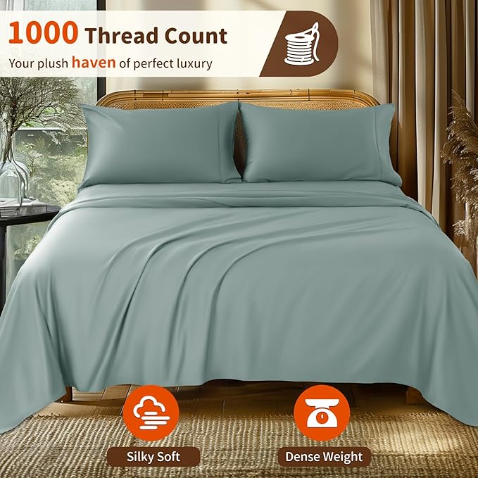 LBRO2M 1000 Thread Count 100% Egyptian Cotton Sheets Set Twin XL, 3 Piece Sets Bed Sheet Deep Pocket Sheet Set 16" Soft Comfortable All Season (Twin XL, Sage Green)