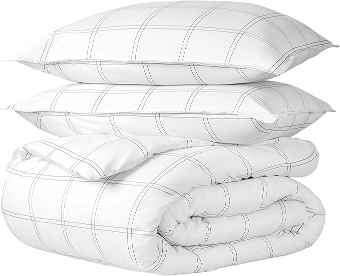 Bare Home Bedding Duvet Cover Queen Size - Premium 1800 Super Soft Collection - Lightweight, Duvet Cover - Soft Textured Bedding (Queen, Modern Plaid - White/Grey)