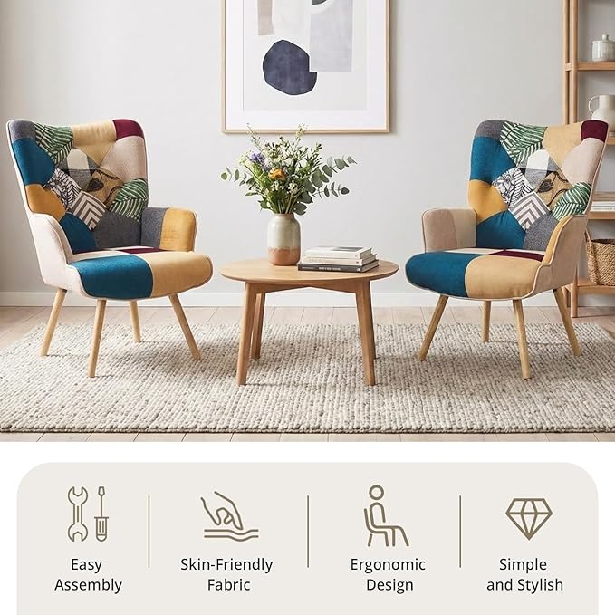 Joysoul Living Room Accent Chair Modern High Back Arm Chair, Colorful Plaid Bohemian Style Chairs for Bedroom Waiting Room