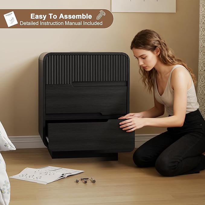 8 Drawer Dresser and 2 Nightstand Sets for Bedroom 3 Pcs Bedroom Set, Modern 39.4" Fluted Dresser with Invisible Handles Nightstand Charging Station, Bedroom Furniture Set for Living Room, Black