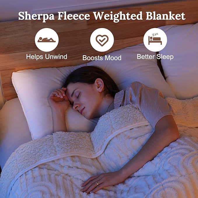 Sherpa Fleece Adult Weighted Blanket Great for Sleep, 20 lbs Dual Sided Soft Fuzzy Heavy Blankets for Couch Bed Sofa, Cozy Warm Arched Jacquard Throw for Winter (Cream White, 60" x 80", 20 Pounds)