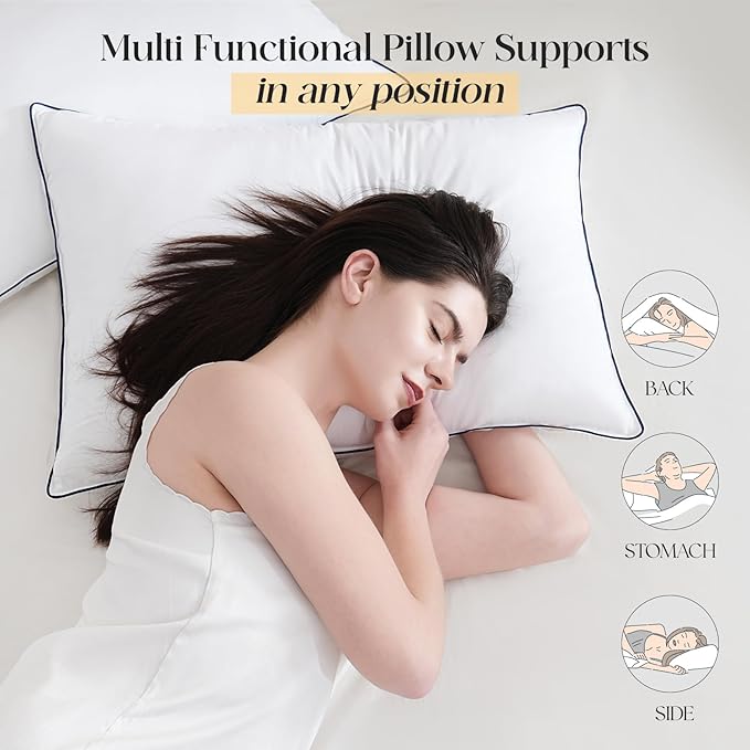 Luxurious Goose Down Bed Pillows Queen Size Set of 2, Hotel Collection Pillows Designed for Deep Sleep, Soft and Supportive Filling for Side, Back Sleepers 20" x 30"