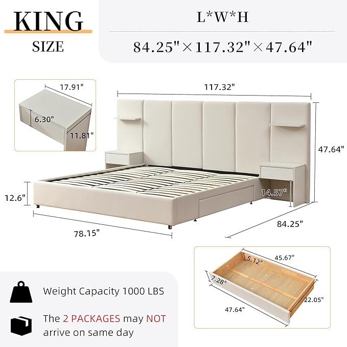 King Bed Frame with Storage & Built-in Nightstands, Velvet Upholstered Platform Bed Frame with Drawers & 2 Floating Storage Shelves, Noise-Free, No Box Spring Needed, Easy Assembly, Beige