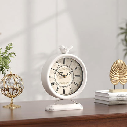 Vintage Table Clock with Bird, European Antique Style White Mantel Clocks, Desk and Shelf Decor Clock, for Farmhouse, Bedside, Living Room, Bedroom, Gift (9" H x 6.5" W)
