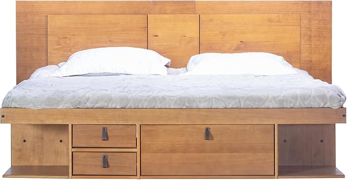 memomad Bali Slim Set: Storage Platform Bed with Drawers + Flat Panel Headboard (King Size, Oak Brown Wood)