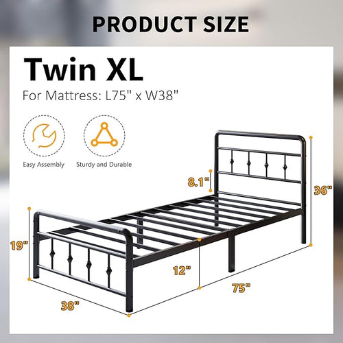 12 Inch Twin XL Bed Frames with Victorian Vintage Headboard and Footboard, No Box Spring Needed, Heavy Duty Metal Mattress Foundation, Noise Free, Easy Assembly, Black