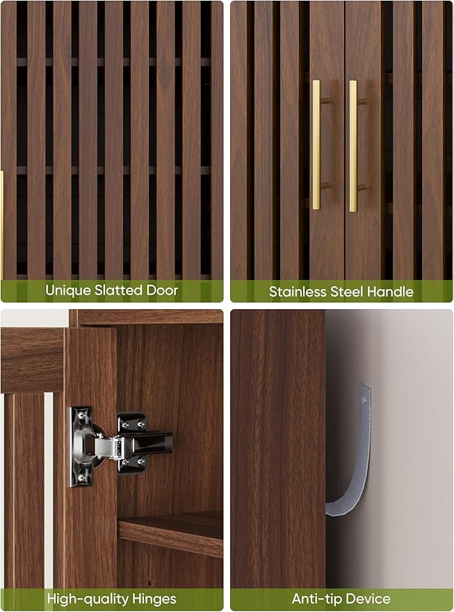 Shoe Storage Cabinet with 2 Slatted Doors, 6-Tier Large Shoe Cabinet with Adjustable Shelves, Hidden Entryway Shoe Organizer for Hallway, Foyer, Walnut