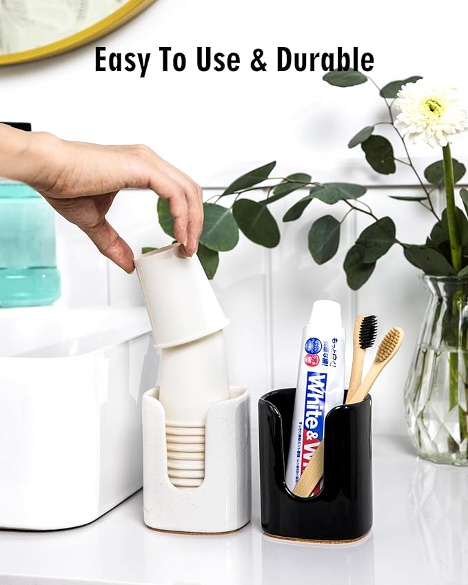 5 oz Square Ceramic Bathroom Cup Dispenser for Kids and Pregnancy - Disposable Paper Cup Holder for Mouthwash Cups on Bathroom Vanity Countertop (1 Pack, Off- White)