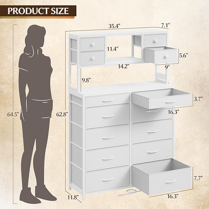 EnHomee 62.8" H Dresser for Bedroom with 14 Fabric Drawers,White Dresser with Charging Station and LED Lights,Dressers & Chests of Drawers for Bedroom, Steel Frame & Wooden Top, Entryway