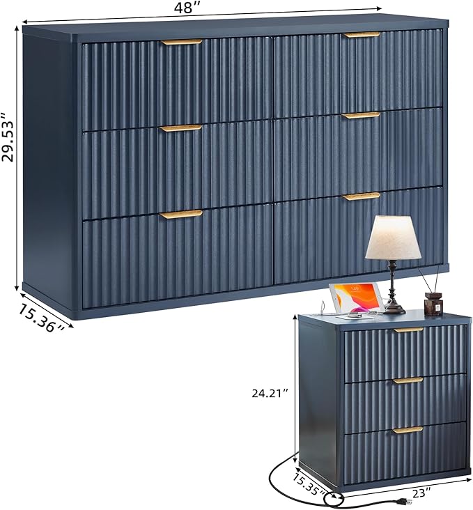 LEYAOYAO Fluted Dresser and 3 Drawers Nightstand Set of 2, Wood 48" Wide Dresser & 23" Night Stand with Charging Station, 3 Piece Bedroom Furniture Set, Chest of Drawers for Home,Living Room,Nave Blue