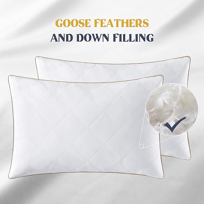 puredown® Goose Feathers and Down Pillow with Diamond Quilting with 100% Cotton Cover, Pack of 2, King Size