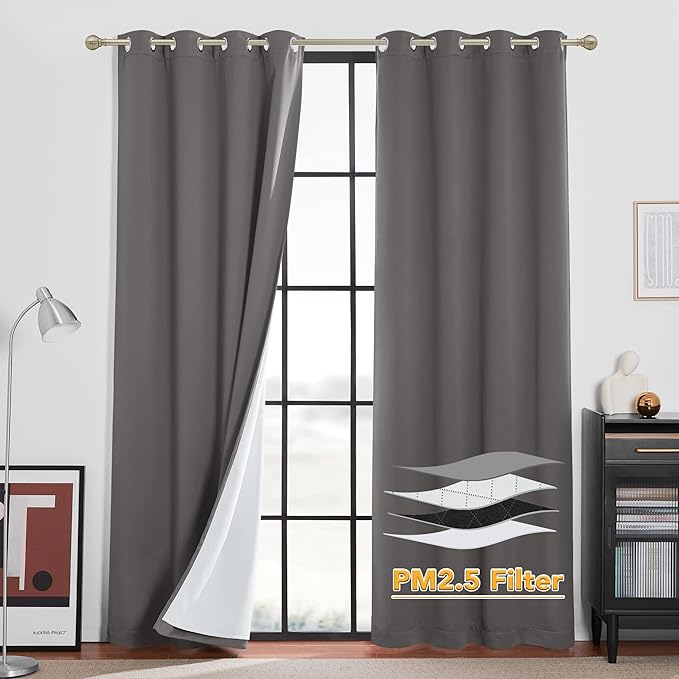 RYB HOME Noise Reducing Barrier for Bedroom, Totally Blackout Drapes Energy Smart Window Treatment Anti Dust Divider Curtains PM2.5 Pollen Smog Filtering, Grey, W52 x L90 inch, 2 Panel