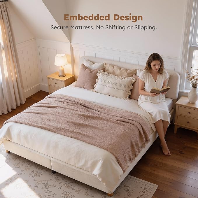 King Size Cloud Bed Frame, Upholstered Boucle Bed Frame with Adjustable Headboard, Solid Wood Legs, Rounded Corners Design & Easy Assembly – Modern Platform Bed,Cream