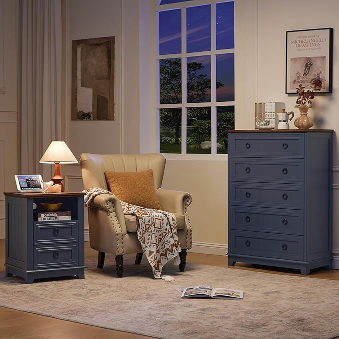 Farmhouse 5 Drawer Dresser for Bedroom Set of 2, 42" Tall Small Dressers & Chest of Drawers, Rustic Wood Dresser with Metal Handle, Storage Organizer Closet for Living Room, Hallway,Entryway