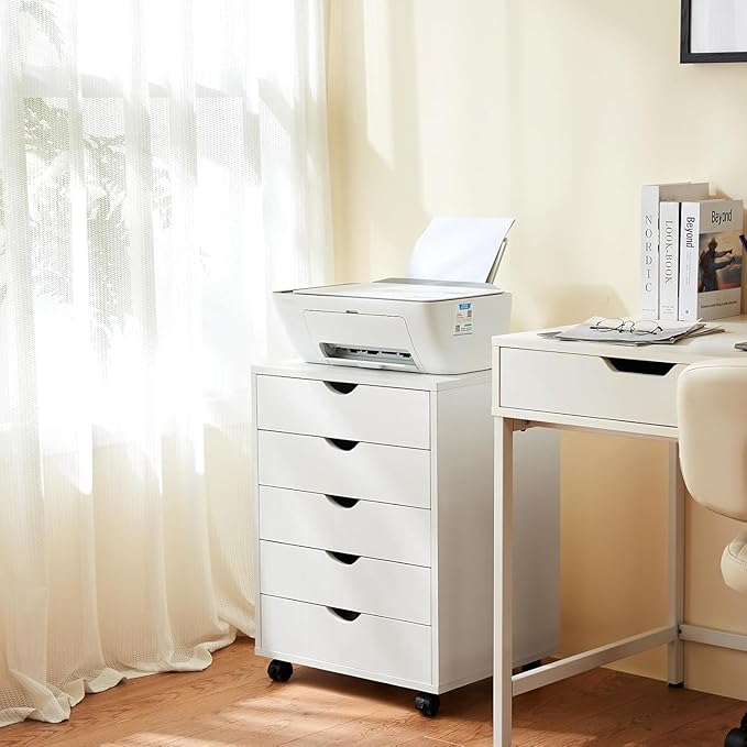 5 Drawer Chest, Storage Cabinet Dressers with Wheels, Dressers Storage Cabinets, Dresser Mobile Cabinet with Wheels, Room Organizer, Drawers Wood Organization Furniture for Office, Home, White