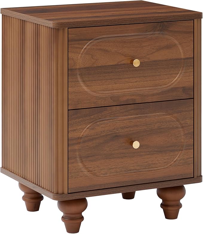 ORRD 2 Drawer Fluted Mini Small Dresser for Bedroom Set of 2, Mid Century Modern Nightstand Bedside End Table, Wood Storage Dresser Organizer for Bedroom Living Room, Walnut