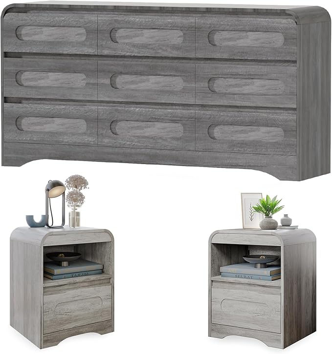 9 Drawer Dresser and Nightstand Sets for Bedroom, 3 Piece Bedroom Set, Wood 9 Drawer Dresser & Night Stand Set of 2, Large Chest of Drawers Modern Storage Cabinet Bedroom Furniture Set, Grey