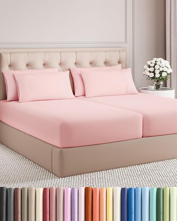 Split King 7 Piece Sheet Set - Cooling & Breathable - Hotel Luxury Bedding, Includes Fitted Sheets for Women, Men, Kids & Teens - 1 Flat, 2 Fitted Sheets, 4 Pillowcases with Deep Pockets - Baby Pink