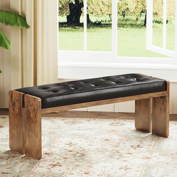 Upholstered Dining Room Bench, Ottoman Bench with PU Leather Padded Seat, Bedroom Bench, Hallway Bench, Entryway Bench for Kitchen, Living Room, Hallway, Entryway, Brown and Black
